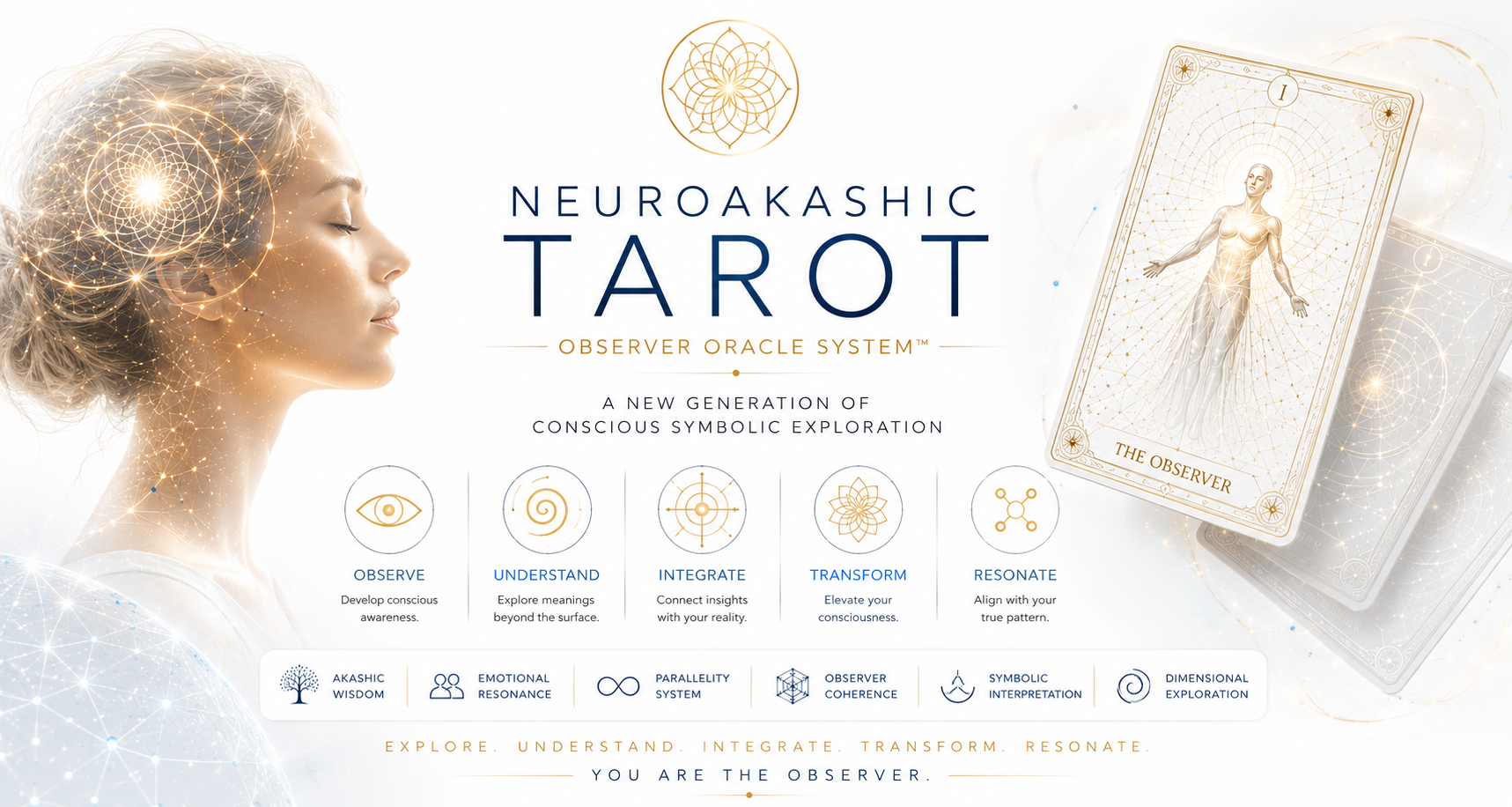 Neuroakashic Tarot Observer Oracle System — sacred geometry, tarot card, and 5-step certification system branding